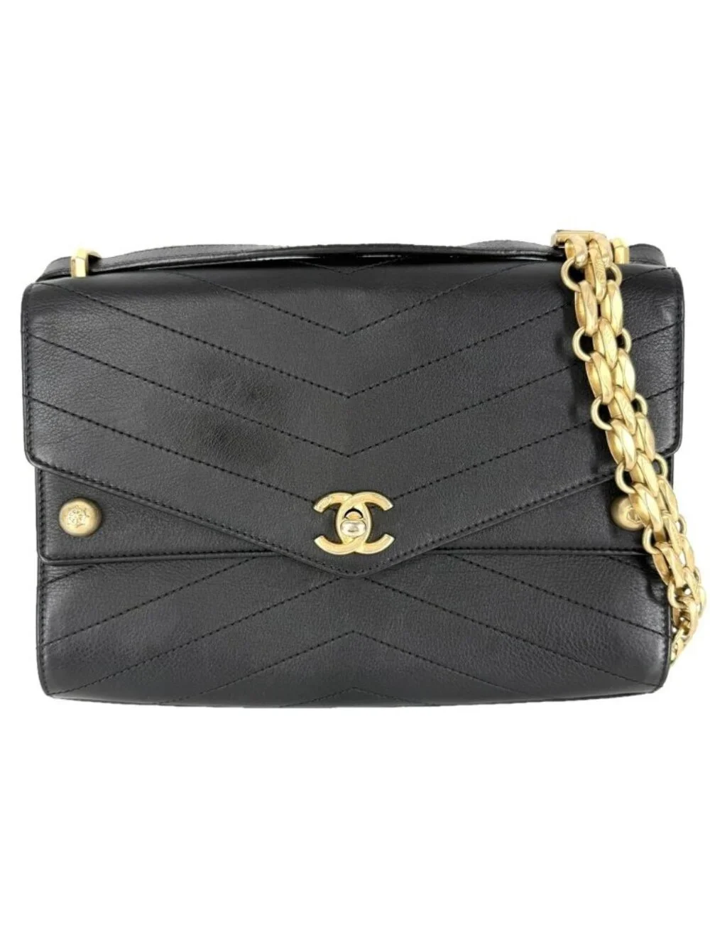 Chanel Shoulder Bag Chevron Chain CC Logo Crossbody Leather Black Gold